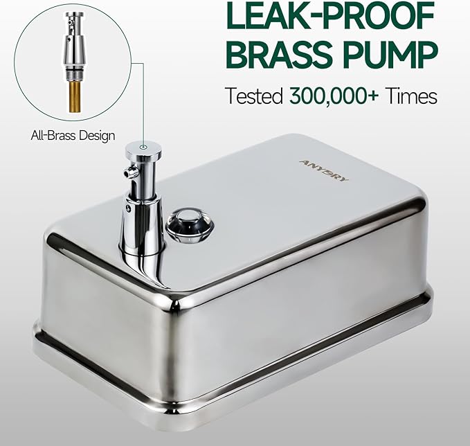 Commercial Manual Soap Dispenser, Durable Polished Stainless Steel Finish, 37oz (1100ml) Liquid, Wall-Mounted for Bathroom & Kitchen