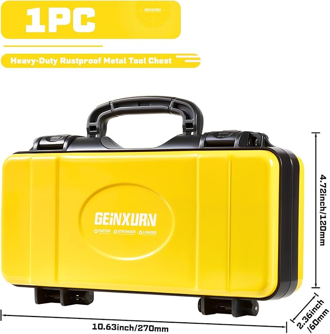 11”Yellow Tools Box, Portable Steel Heavy-duty Tool Case with Safety Latch and Handle for Tools Storage and Organizers, Home DIY