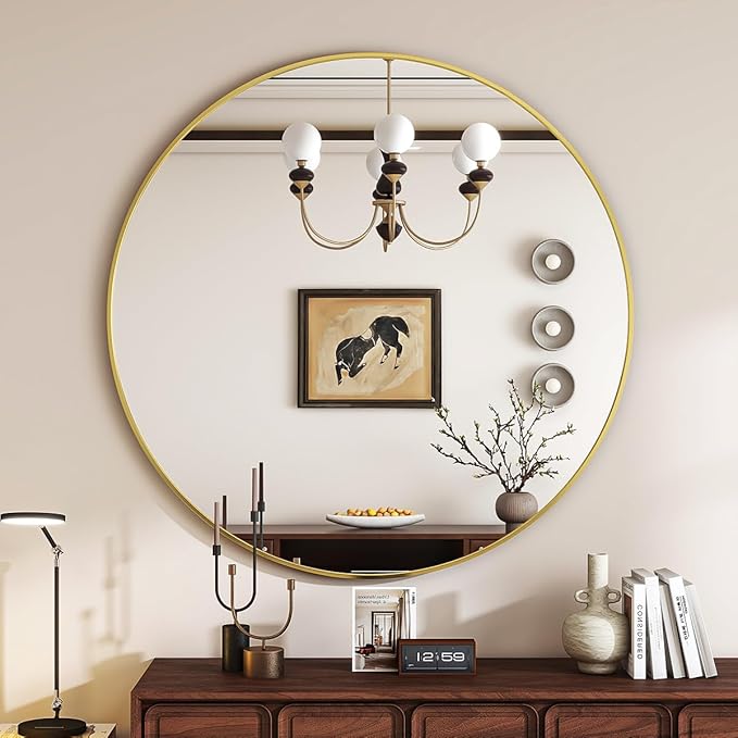 Gold Round Mirror, 24 Inch Circle Bathroom Mirror with Metal Frame, Wall-Mounted for Entryway, Bathroom, Vanity, Living Room