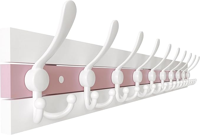 SKOLOO Coastal Wall Mounted Coat Rack - 38-1/8" Beach House Entryway Wooden Coat Hook with 10 Hooks for Hanging Coats, Hats or Towels, Oceanfront Cottage Core Collection, White & Palm Beach Pink