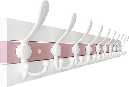 SKOLOO Coastal Wall Mounted Coat Rack - 38-1/8" Beach House Entryway Wooden Coat Hook with 10 Hooks for Hanging Coats, Hats or Towels, Oceanfront Cottage Core Collection, White & Palm Beach Pink