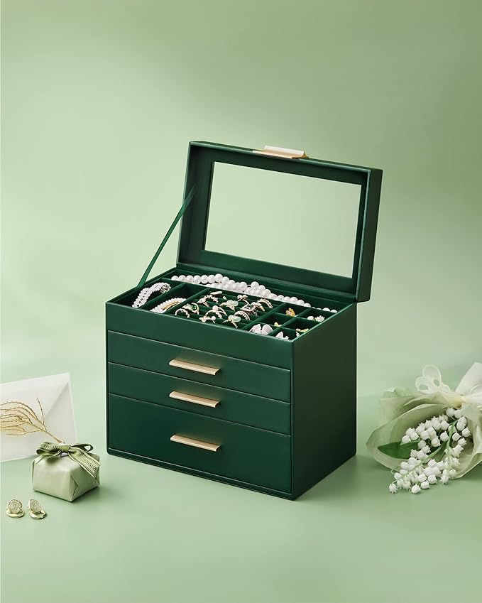 SONGMICS Jewelry Box Organizer with Glass Lid, 4-Layer Jewelry Storage, with 3 Drawers, Modern Style, 6 x 9.9 x 8.5 Inches, Forest Green and Gold Color UJBC161G01