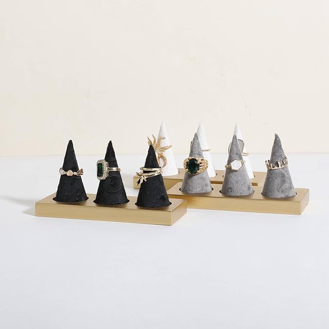 GemeShou black jewelry ring display holder for selling, velvet ring cone display stand, cute cone shaped ring holder with golden coated base,Small jewelry ring storage organizer【Ring holder-black】