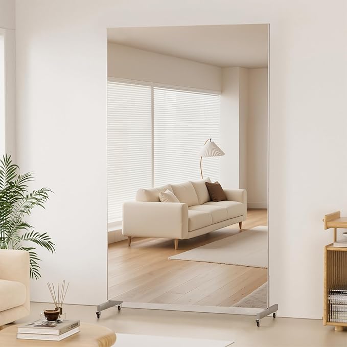 81" x 41" Standing Mirror Full Length with Wheels, Large Glassless Rolling Mirrors with Brakes, Shatterproof HD Imaging Thin Frame Full Body Mirror for Dance Studio/Home Gym, Silver