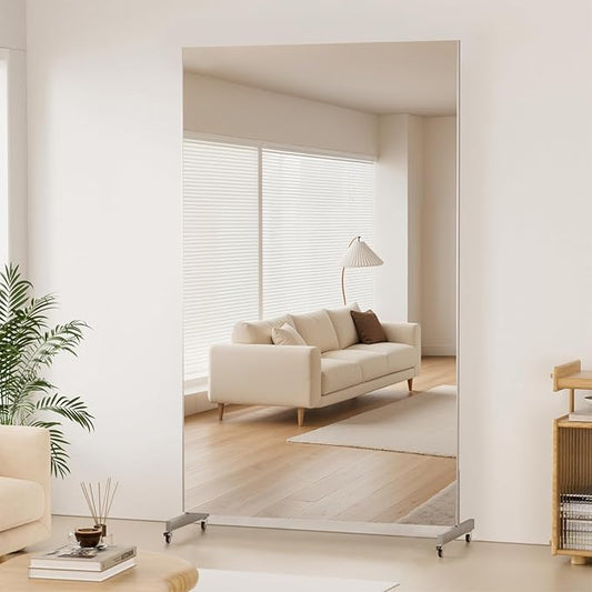 81" x 41" Standing Mirror Full Length with Wheels, Large Glassless Rolling Mirrors with Brakes, Shatterproof HD Imaging Thin Frame Full Body Mirror for Dance Studio/Home Gym, Silver