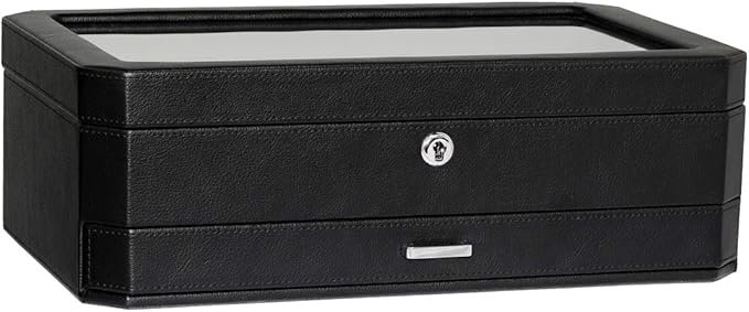 ROTHWELL 12 Slot Leather Watch Box with Valet Drawer - 12 Slot Luxury Watch Case Display Organizer, Microsuede Liner, Mens Accessories Holder, Jewelry Case, Jewelry Display Organizer (Black/Red)