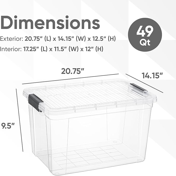 Superio Clear Storage Boxes with Lids, 49 Quart Plastic Container Bins for Organizing, Stackable Crates, BPA Free, Non Toxic, Odor Free, Organizers for Home, Office and Dorm, 8 Pack