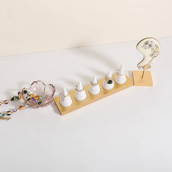 GemeShou Jewelry ring display holder for selling, velvet ring cone display stand, cute cone shaped ring holder with golden coated base,Large jewelry ring storage organizer【Ring holder-white 5 cone】