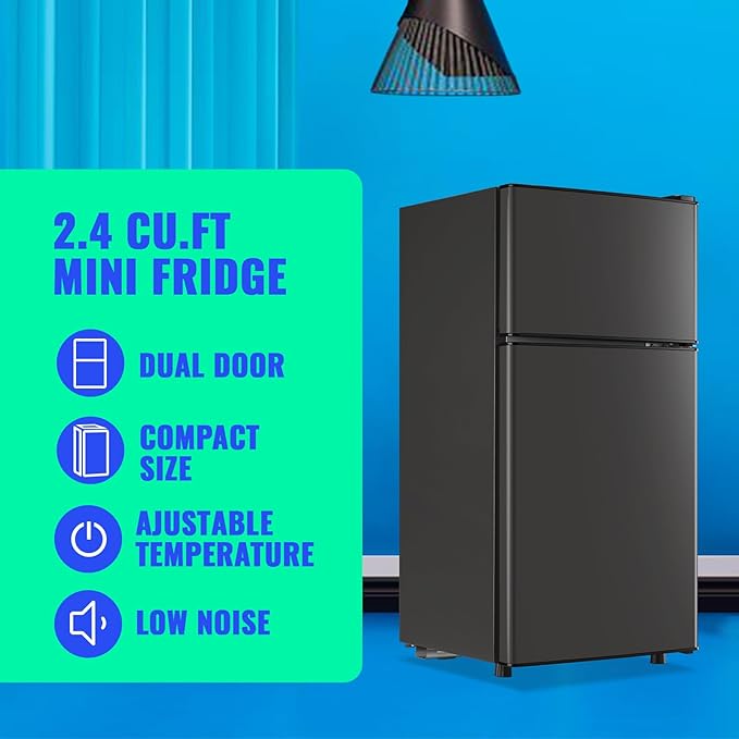 2.4 Cu.ft Fridge Dual Door Refrigerator with Freezer Dorm Fridge for Personal Senven Temp Gear Suit for Apartment, Bedroom, Rv Dark Gray