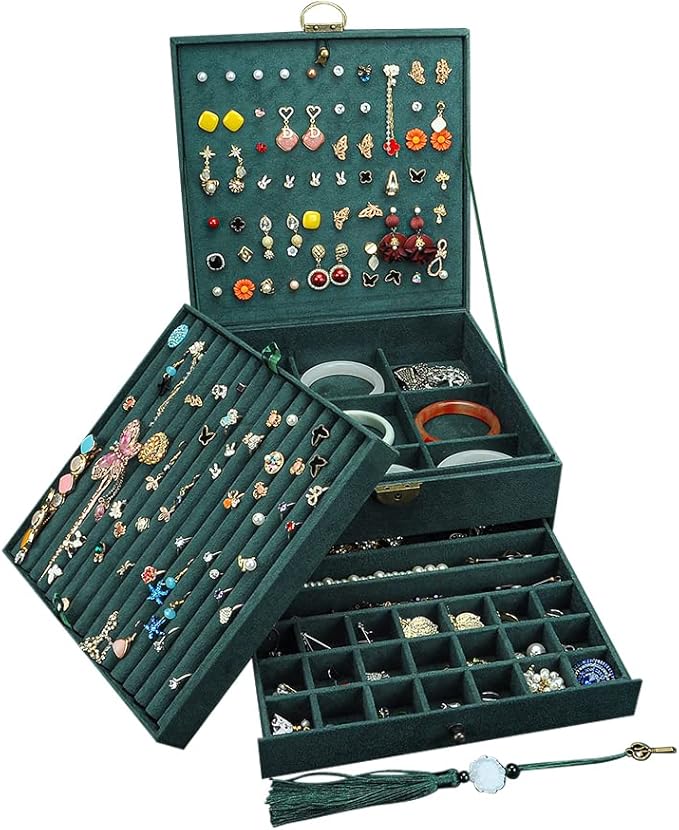 Jewelry Organizer 5 Layers Velvet Square Jewelry Box Women Necklace Ear studs Display Bangles Large Jewelry Storage Case Drawer GY306 (Green)