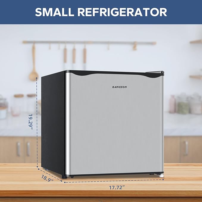 BANGSON 1.6 Cu.Ft Mini Fridge with Freezer, Energy Saving Low Noise Compact Refrigerator for Snacks Drinks Food Storage,Ideal for Office,Dorm,Bedroom,Apartment,Silver