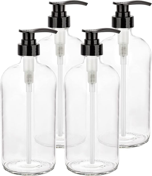Glass Shampoo and Conditioner Dispenser - Large Glass Pump Bottle Dispenser - 32 Ounce (1 Liter) - Pack of 4