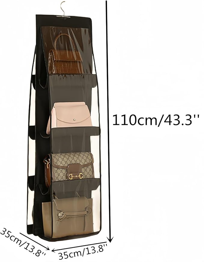 HAN SHENG 8 Pockets Clear Handbag & Purse Organizer Hanging Bag Storage - Space Saving Hanging Shelf for Closet, Wardrobe, Over Door (2 Pack, Black)