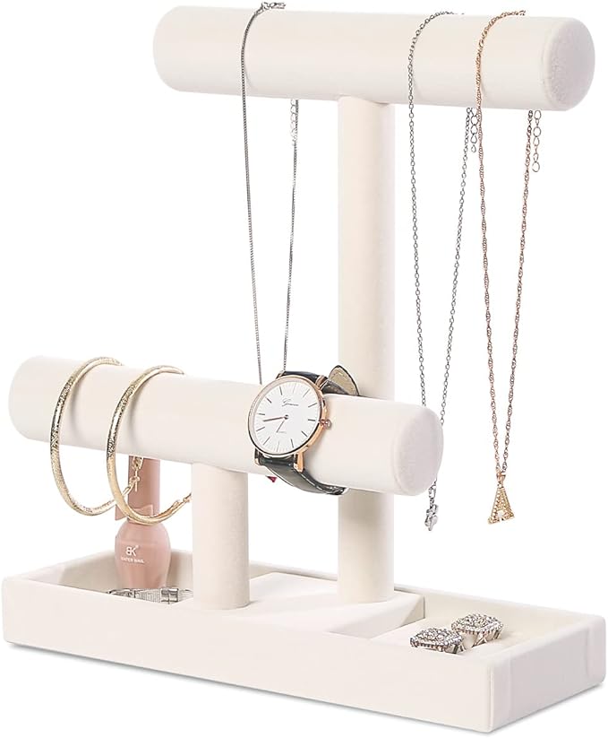 ByKen Multi-Functional 2 Tier Jewelry Holder,Necklace Bracelet Holder with Earrings Rings Tray,Jewelry Organizer Stand for Scrunchie Watches(Beige Velvet)