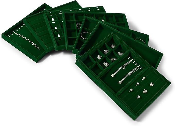 7 Slots Velvet Jewelry Tray Ring Earring Display Tray Jewelry Drawer Organizer Ring Earring Holder Storage (Green)