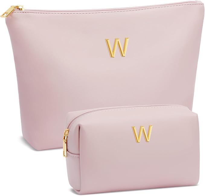 Valentine's Day Gifts for Women Girlfriend Initial Makeup Bag for Teen Girls Personalized Gifts for Friend Teacher Mom Wife Cosmetic Travel Toiletry Bag(Pink,W)