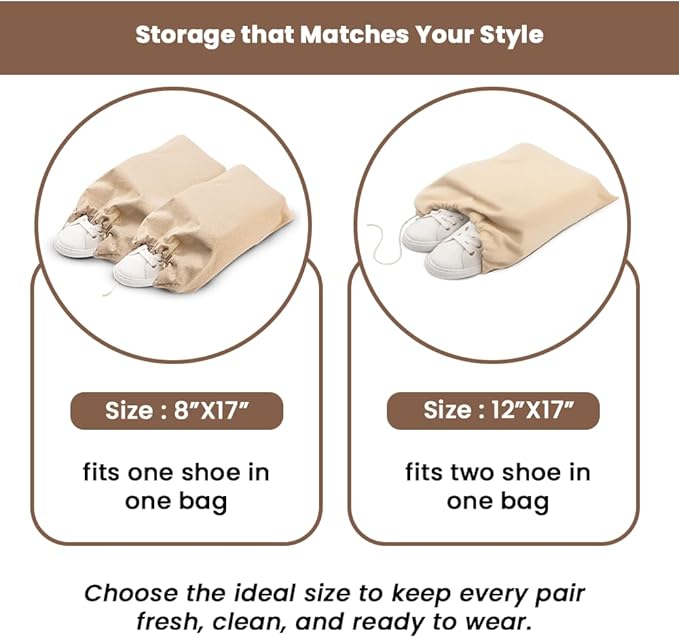 LFH Cotton Shoe Storage Bags with Drawstring, Dustproof Breathable Reusable Organizer, Perfect For Travel, Dorm, Hotel, College, Gym, Easy to Carry, Machine Washable 12"x17" (Pack of 6) - Natural