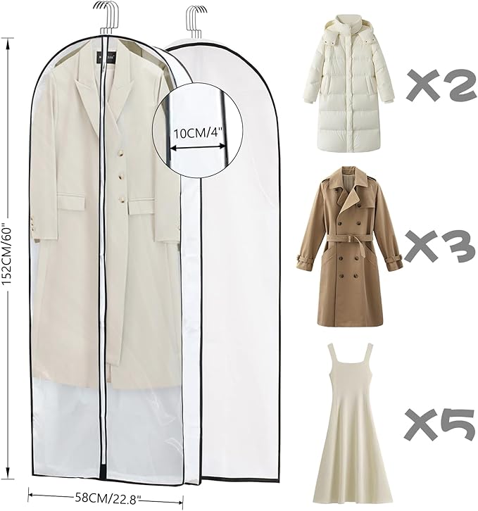 3 Pack Garment Bags for Hanging Clothes Storage, Clear Suit Dress Bags with Zippers for Travel Moving, Breathable Closet Storage for Shirts Gowns Coats Jackets Sweater Fur 60" Long