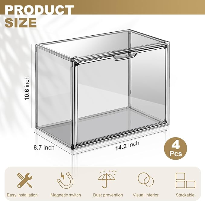 4 Pack Handbag Storage Organizer for Closet, ULENDIS Transparent Gray Acrylic Display Case for Handbag Purse, Stackable Storage Organizer with Magnetic Door for Wallet Book Cosmetic Toys Display