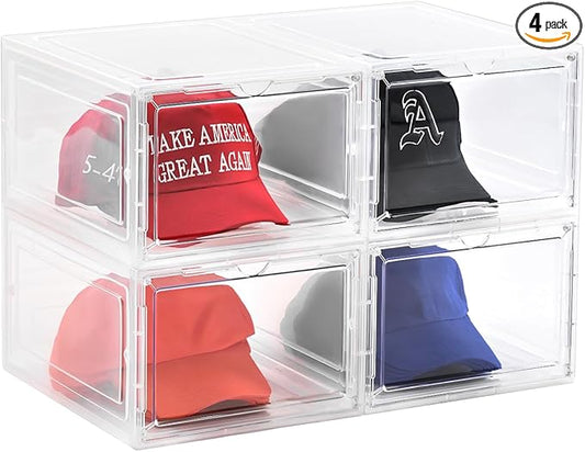 Hat Organizer Box,Stackable Clear Baseball Caps Holder Box Containers with Magnetic Door for Hats Snapback Cap Storage,Clear Hat Storage with Magnetic Door, Holds 40 Hats (clear, 4 pack)