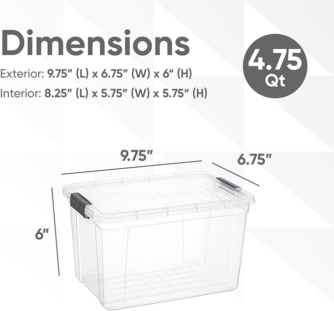 Superio Storage Bins with Lids- 6 Pack, 4.75 Qt Clear Boxes for Organizing, Stackable Plastic Containers- BPA Free, Non-Toxic, Odor Free, Organizer for Home, Office, Dorm