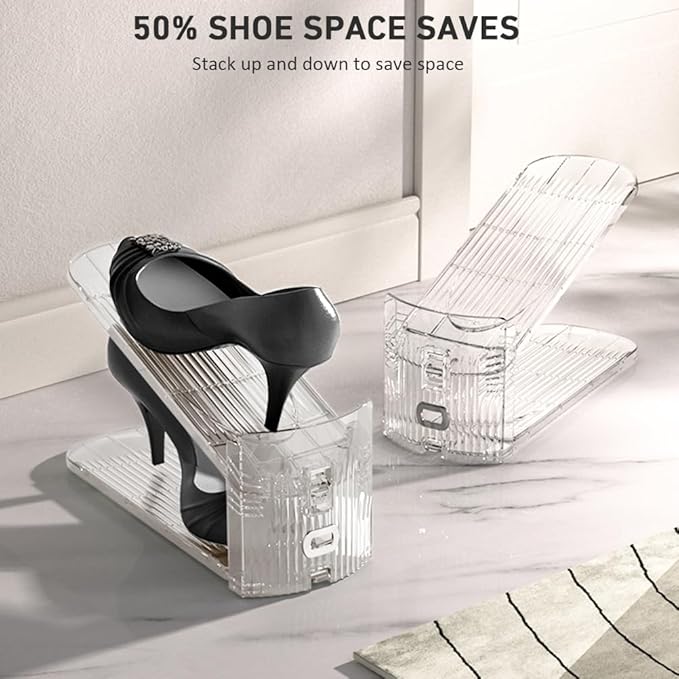 10 Pack Clear Shoe Slots Organizer - Adjustable Height 3.7''to 7.7'' Shoe stackers for a pair of shoes ,Shoe rack storage shoe space saver 50%,Easy to assemble shoe hold shoe organizer for cloest