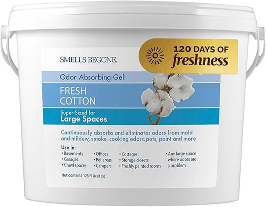SMELLS BEGONE 1-Gallon Gel Odor Eliminator – High-Capacity, Long-Lasting Odor Absorber for Large Basements, Garages, Workshops & Commercial Areas – Removes Odors with Essential Oils (Fresh Cotton)