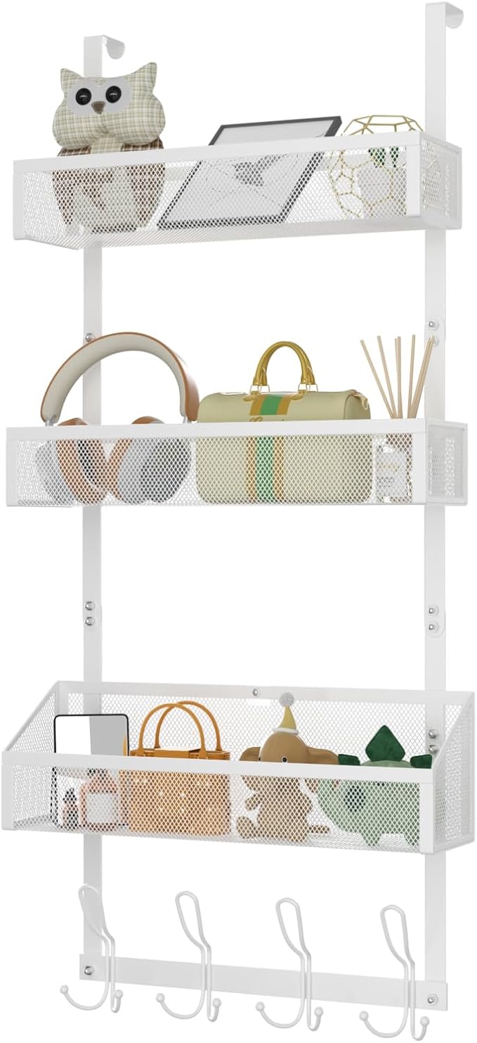Over The Door Shower Caddy, Over The Door Hook Organizer with 12 Hooks & 3 Mesh Baskets – Space-Saving Towel Rack & Storage Hanger for Bathroom, Kitchen, Bedroom, No Drill Door Hooks, White