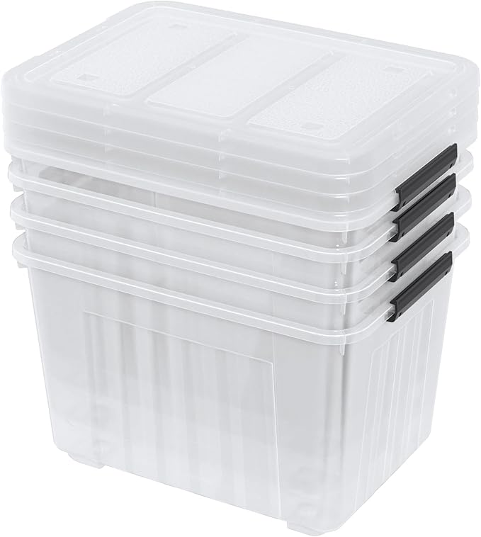 70 L Clear Storage Bin with Wheels, Extra Large Plastic Latching Storage Box, 4 Pack