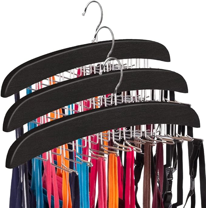 3 Pack Tank Top & Bra Hanger, Tie & Belt Hanger with Natural Wood, 24 Space Saving, 360 Rotating, Foldable Metal Hooks, Closet Organizer and Storage Rack for Tank Tops/Bras/Ties/Belt (Black)