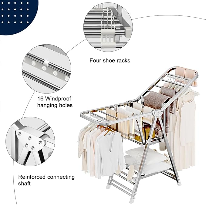 MIKEE Clothes Drying Rack,Stainless Steel Foldable Laundry Drying Rack with Height Adjustable Wings,Clothes Rack with Shoe Rack,Windproof Hanging Holes and Wheels，132 lb,Indoor Outdoor Use