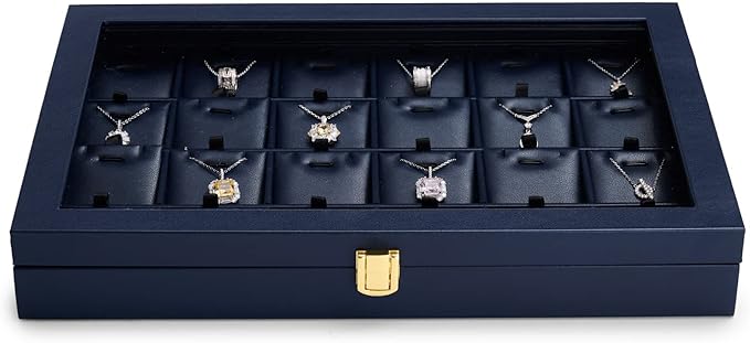 Oirlv Premium Blue Leather Jewelry Tray with 24 Grid Removable Jewelry Cards Jewelry Organizer Box with Transparent Acrylic Lid Necklace Pendant Display Case