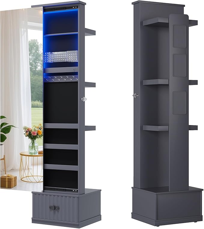 HNEBC Mirror Full Length with Stand, Jewelry Organizers and 4 Storage Racks, Jewelry Cabinet with Drawes,Ring-Necklace-Earring Holder, Jewelry Armoire with Lights for Bedroom/Cloakroom (Grey)