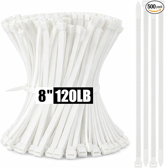 500 Pcs 8 Inch Zip Ties Heavy Duty 120 Lbs Tensile Strength White Nylon Wire Cable Ties Bulk for Indoor Outdoor