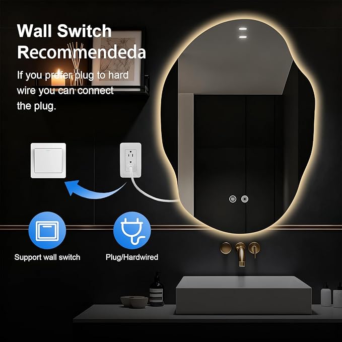 Asymmetrical Bathroom Mirror with Lights,Irregular LED Bathroom Vanity Mirror with Backlit,Anti-Fog,3 Colors and Dimmable Light with Memory,Hardwired Supported[Horizontal/Vertical] 35" H x 25" W
