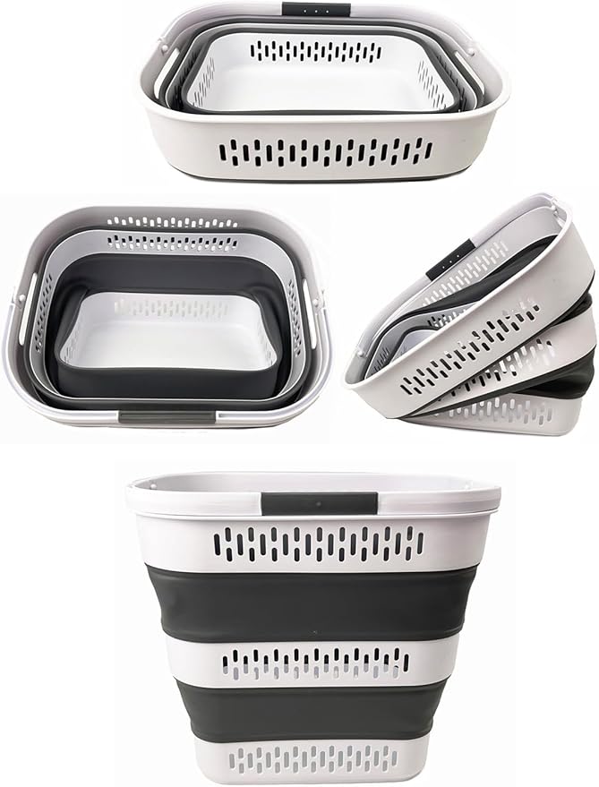 SAMMART 40L (10.5 Gallon) Collapsible Plastic Laundry Basket - Foldable Pop-Up Storage Container/Organizer – Portable Space Saving Laundry Hamper (1, White/Steel Grey)
