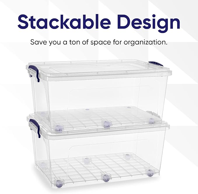 Superio Storage Bins with Lids- Clear Boxes for Organizing, Stackable Plastic Containers- BPA Free, Non-Toxic, Odor Free, Organizer for Home, Office, Dorm (8 Pack, 32 Qt (Wheeled))