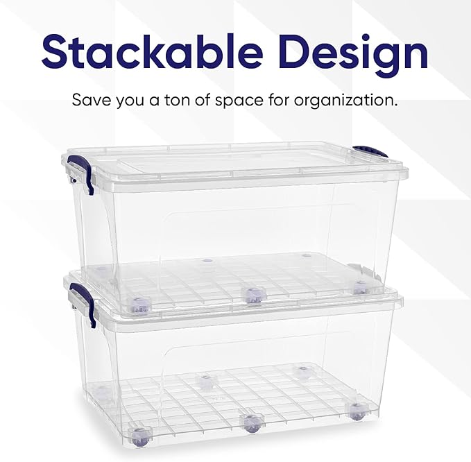 Superio Storage Bins with Lids- Clear Boxes for Organizing, Stackable Plastic Containers- BPA Free, Non-Toxic, Odor Free, Organizer for Home, Office, Dorm (6 Pack, 32 Qt (Wheeled))