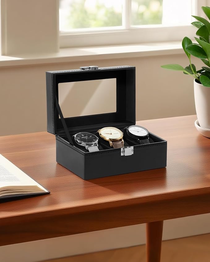 Uten 3-Slot Watch Box, PU Leather Watch Case with Glass Lid, Watch Holder Organizer with Soft Pillow and Velvet Lining, Watch and Jewelry Storage Box, Black