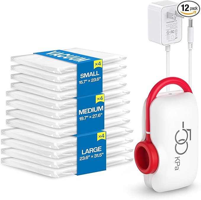 12 Pack Travel Vacuum Storage Bags with High Pressure Electric Pump - Portable Vacuum Seal Bags for Clothing, Luggage & Travel Space Saving