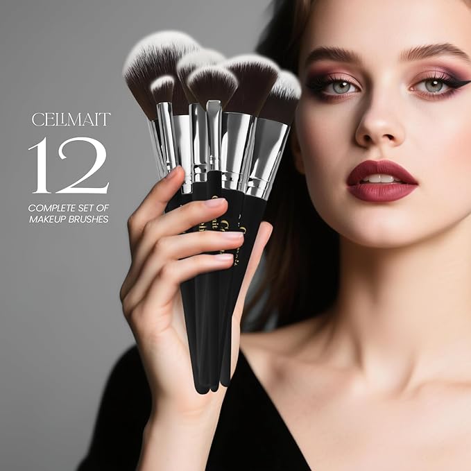 Makeup Brushes Set 12 Pcs Professional & Beginner Friendly, Soft Synthetic Make Up Brush Bristles for Face Eyeshadow, Easy to Clean with Case, Ergonomic Wooden Handle, Gift for Women (Dark Black)
