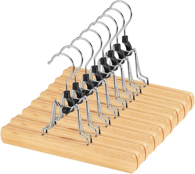 AMKUFO 20 Pack Natural Wooden Pants Hangers with Clips Non Slip Skirt Hangers Trouser Clamp Hanger Solid Wood Hanger with 360° Swivel Hook