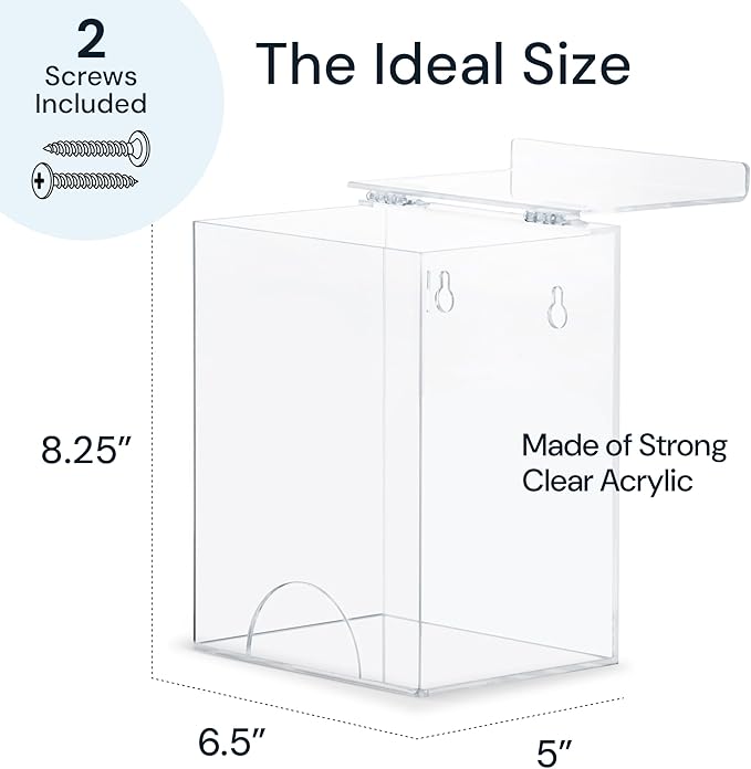 Clear Acrylic Glove Dispenser - Storage Wall Mount Storage for Hairnets, Masks, and Laundry Pods - 8.25" H x 6.5" W x 5" Holder for Estheticians and Home - Hardware Included