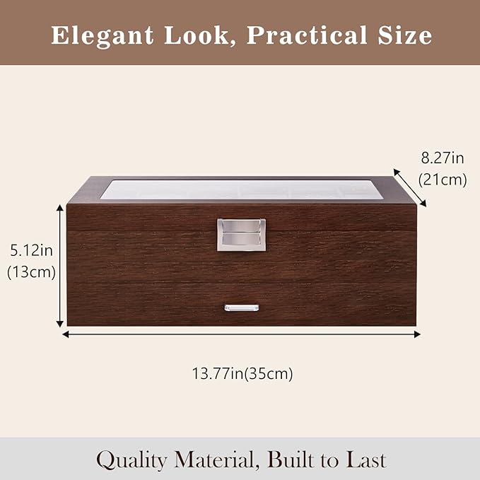ProCase Wooden Men's Jewelry Box, 2-Tier Watch Holder and Sunglasses Box Organizer for Men, Display Cases with Clear Glass Top and Storage Drawer -Espresso