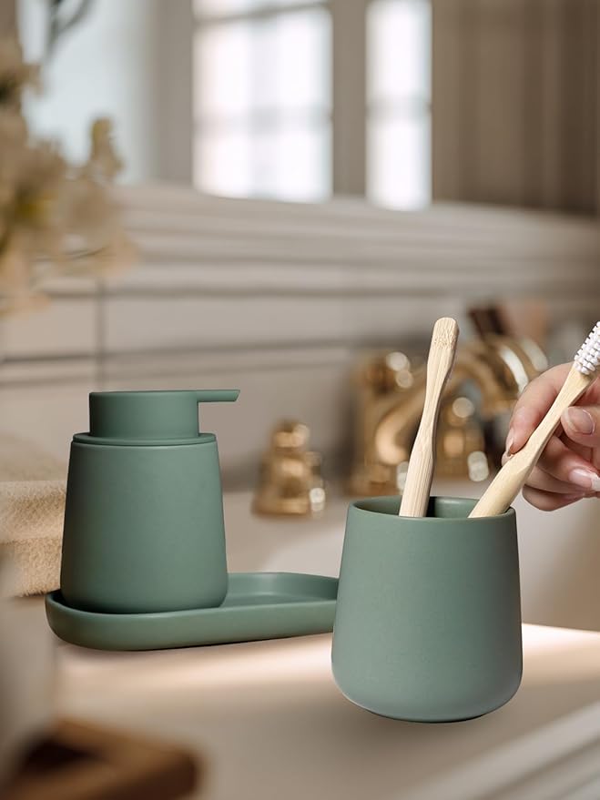 INGOFIN 3 Pcs Ceramic Bathroom Accessory Set - Foam Soap Dispenser, Toothbrush Holder & Tray, Bathroom Counter Set, Countertop Essentials for Home, Guest Bathroom, or Office Use, Matte Green
