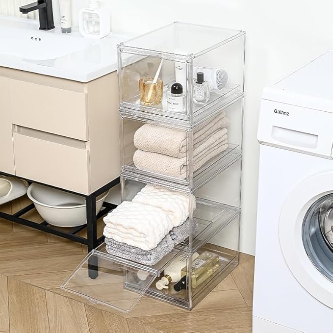 Stackable Clear Handbag Display Case for Closet with Drawers, Acrylic Box Display Case Showcase with Magnetic Door, Plastic Storage Bins Storage Drawers Containers for Organizing