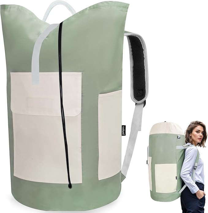 Laundry Bag Backpack, 125L Extra Large Laundry Backpack with Shoulder Straps, Adjustable Extendable Laundry Hamper Bag with 3 Pockets for College, Travel, Camping (Green)