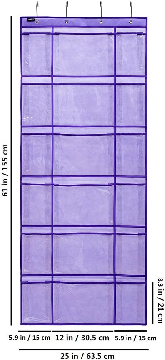 Over The Door Hanging Shoe Rack Organizer 18 Pockets Organizer with 6 Extra Large Clear Pockets for Shoe Holder Storage (18 Pockets-Purple)