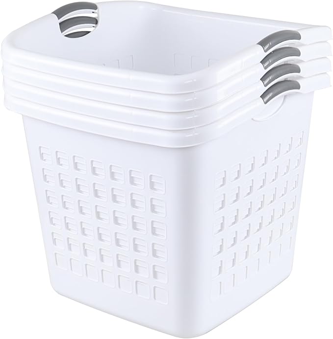2 Bushel Square Tall Plastic Laundry Basket, 72 L Large Plastic Hamper with Carry Handle, White, 4 Pack