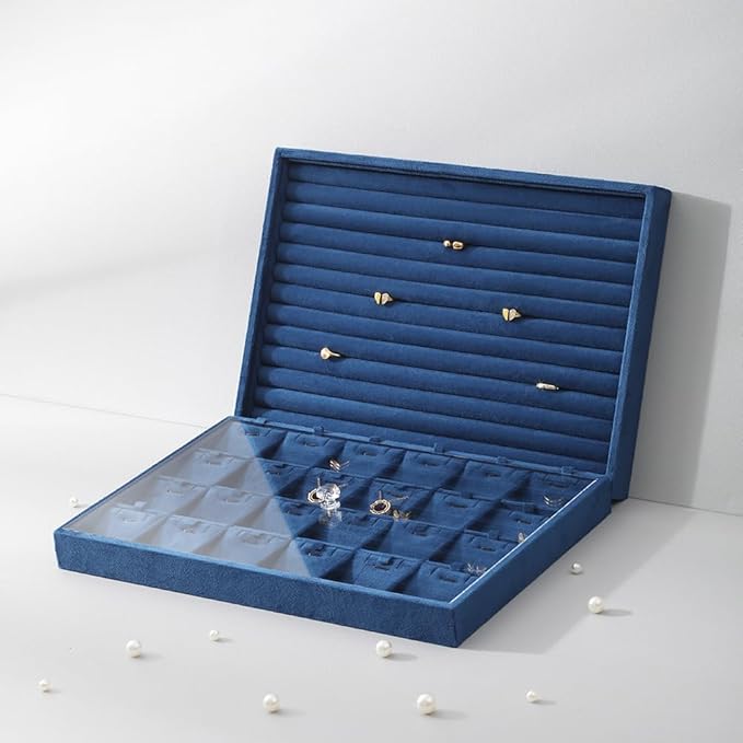 Velvet Ring Display Tray, Stackable Muilt Slot Rings Ear Stud Storage Tray, Drawer Insert Jewelry Accessories Organizers Plate (Blue)